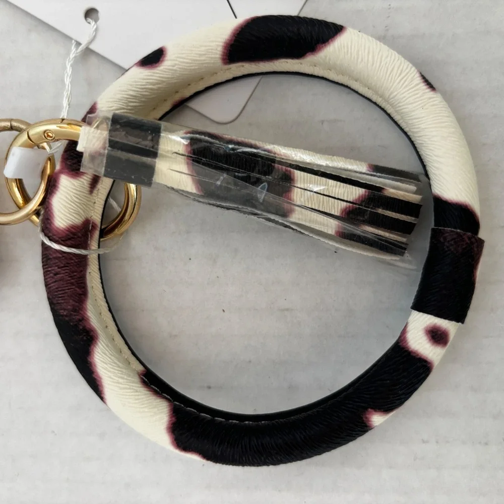 Cow Print Card Holder Women's Black White Bangle Keychain Wallet Western New‎